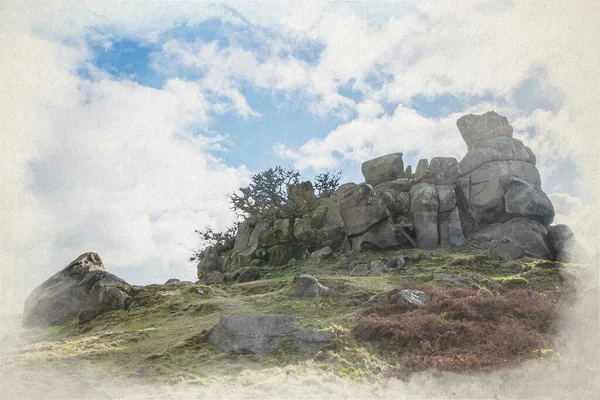 Digitale Aquarellmalerei Von Robin Hood Stride Kalksteinweg Felsformation Den Derbyshire — Stockfoto