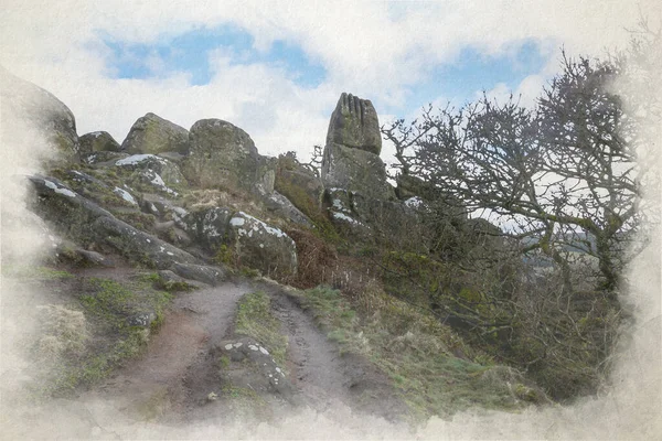 Digitale Aquarellmalerei Von Robin Hood Stride Kalksteinweg Felsformation Den Derbyshire — Stockfoto