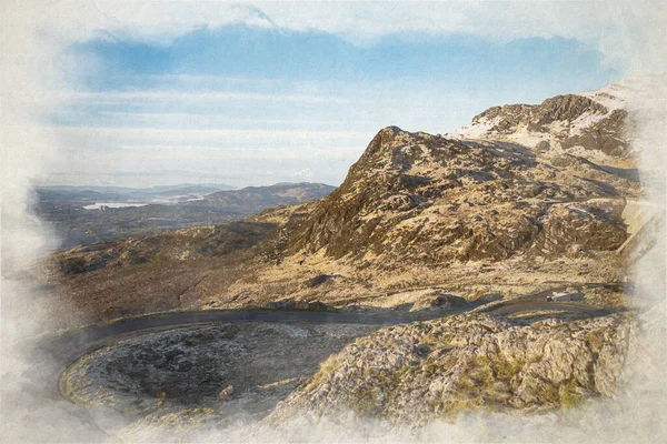 Snowdonia Digital Akvarellmålning Stwlan Dam Och Moelwyn Bergen Blaenau Ffestiniog — Stockfoto