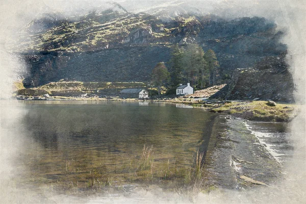 放棄されたクロムリンスレートの鉱山のデジタル水彩画は ウェールズ スノードニアのBlaenau Festiniogで — ストック写真