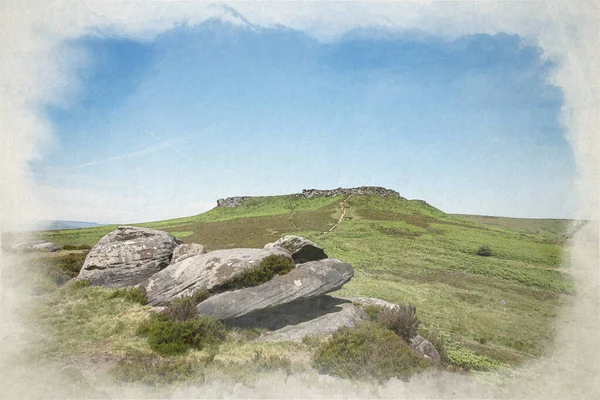 Digital Akvarellmålning Higger Tor Från Carl Wark Dark Peak Peak — Stockfoto