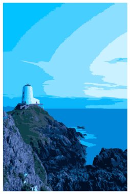 Nostalgic retro travel poster of the Llanddwyn lighthouse, Anglesey, Wales in the style of Work Projects Administration. clipart