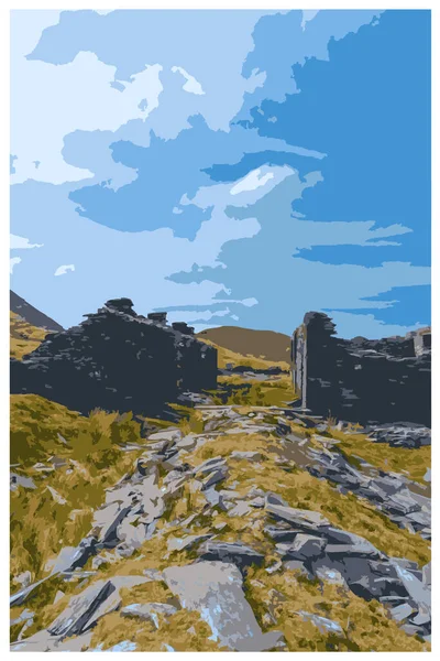 Nostalgic Retro Travel Poster Cwmorthin Terrace Rhosydd Slate Quarry Blaenau — стоковый вектор