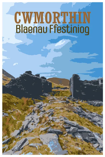 Nostalgiczny Plakat Podróży Retro Tarasu Cwmorthin Kamieniołomu Łupkowego Rhosydd Blaenau — Wektor stockowy