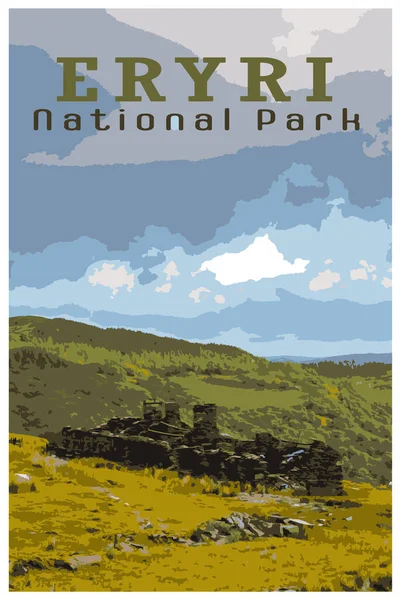 Cartaz Viagem Retrô Nostálgico Parque Nacional Eryri País Gales Reino — Vetor de Stock