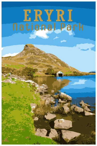 Nostalgiczny Plakat Podróży Stylu Retro Góry Pared Cefn Hir Jezioro — Wektor stockowy