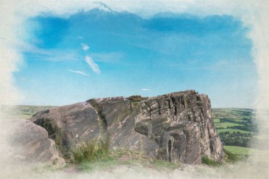 The Roaches, Staffordshire 'daki Pak District Ulusal Parkı' ndaki Hen Cloud 'dan Mor Heather' ın dijital suluboya tablosu..