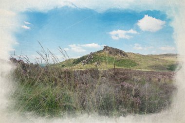 The Roaches, Staffordshire 'daki Pak District Ulusal Parkı' ndaki Hen Cloud 'dan Mor Heather' ın dijital suluboya tablosu..