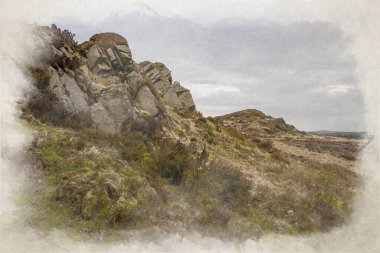 Baldstone ve Gib Torr. Birleşik Krallık 'taki Peak District Ulusal Parkı' nda kış boyunca Hamamböcekleri, Ramshaw Kayaları ve Hen Bulutu 'na bakan dijital bir suluboya tablo..