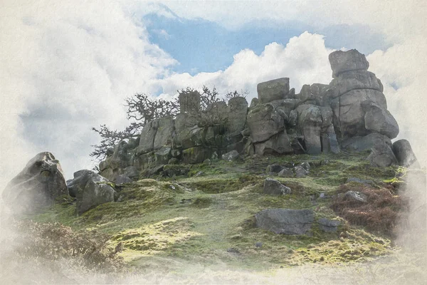 英国山顶区国家公园德比郡达莱斯地区罗宾汉走灰岩路岩石形成的数字水彩画 — 图库照片