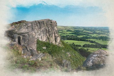 The Roaches, Staffordshire 'daki Pak District Ulusal Parkı' ndaki Hen Cloud 'dan Mor Heather' ın dijital suluboya tablosu..