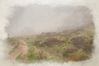 İngiltere 'nin Peak District Ulusal Parkı' ndaki Staffordshire 'da bahar aylarında The Roaches' ta gündoğumu sıcaklık değişiminin dijital suluboya resmi..