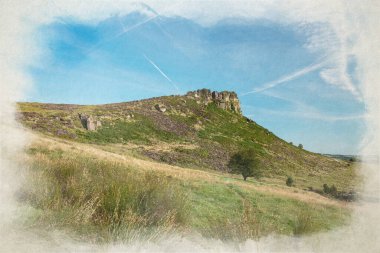 The Roaches, Staffordshire 'daki Pak District Ulusal Parkı' ndaki Hen Cloud 'dan Mor Heather' ın dijital suluboya tablosu..