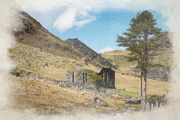 Digital Akvarellmålning Den Övergivna Cwmorthin Skiffergruvan Vid Blaenau Ffestiniog Snowdonia — Stockfoto