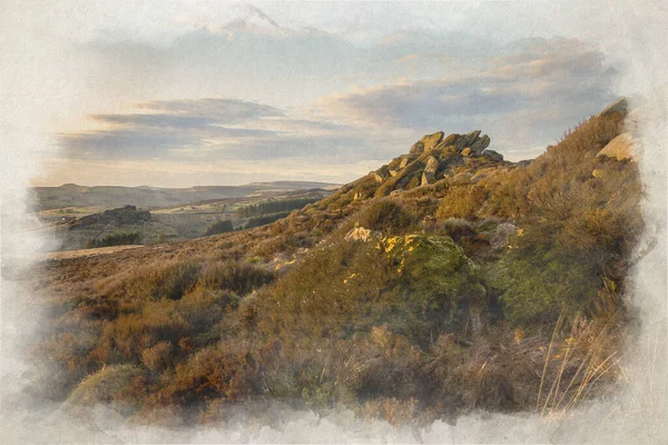 Ein Digitales Aquarell Von Sonnenuntergang Baldstone Und Gib Torr Felsen — Stockfoto