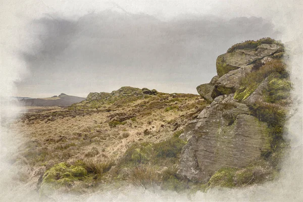 ボールドストーンとジブ トーア 英国のピーク地区国立公園の冬の間のローチ ラムショー岩 および編雲に向けたデジタル水彩画 — ストック写真