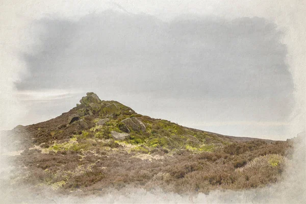 ボールドストーンとジブ トーア 英国のピーク地区国立公園の冬の間のローチ ラムショー岩 および編雲に向けたデジタル水彩画 — ストック写真