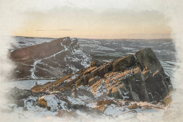 英国山顶区国家公园内一幅关于韩云和冬季日出时蟑螂的数字水彩画 — 图库照片