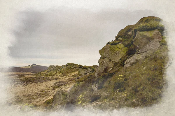 Baldstone Gib Torr Digitální Akvarel Výhledem Hory Roaches Ramshaw Rocks — Stock fotografie