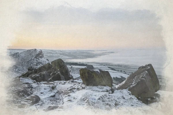 Temperatur Inversion Digital Akvarellmålning Roaches Vid Soluppgången Vintern Peak District — Stockfoto