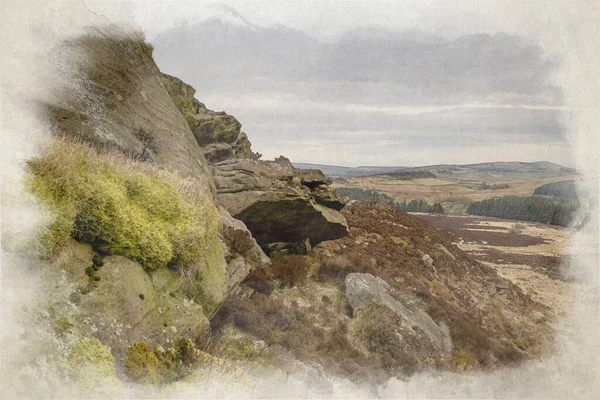 Baldstone Gib Torr Digital Watercolour Painting Looking Roaches Ramshaw Rocks — Stock Photo, Image
