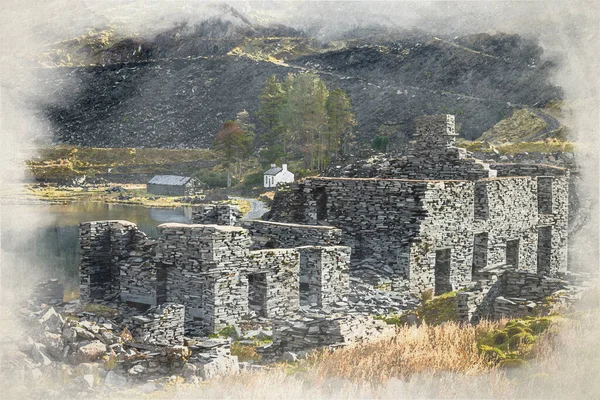 Digital Watercolor Painting Abandoned Cwmorthin Slate Mine Blaenau Ffestiniog Snowdonia — Stock Photo, Image
