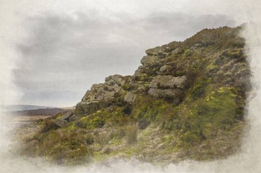 Baldstone ve Gib Torr. Birleşik Krallık 'taki Peak District Ulusal Parkı' nda kış boyunca Hamamböcekleri, Ramshaw Kayaları ve Hen Bulutu 'na bakan dijital bir suluboya tablo..