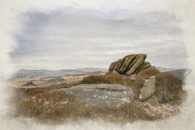Baldstone ve Gib Torr. Birleşik Krallık 'taki Peak District Ulusal Parkı' nda kış boyunca Hamamböcekleri, Ramshaw Kayaları ve Hen Bulutu 'na bakan dijital bir suluboya tablo..