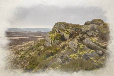 Baldstone ve Gib Torr. Birleşik Krallık 'taki Peak District Ulusal Parkı' nda kış boyunca Hamamböcekleri, Ramshaw Kayaları ve Hen Bulutu 'na bakan dijital bir suluboya tablo..