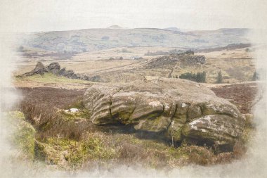 Baldstone ve Gib Torr. Birleşik Krallık 'taki Peak District Ulusal Parkı' nda kış boyunca Hamamböcekleri, Ramshaw Kayaları ve Hen Bulutu 'na bakan dijital bir suluboya tablo..