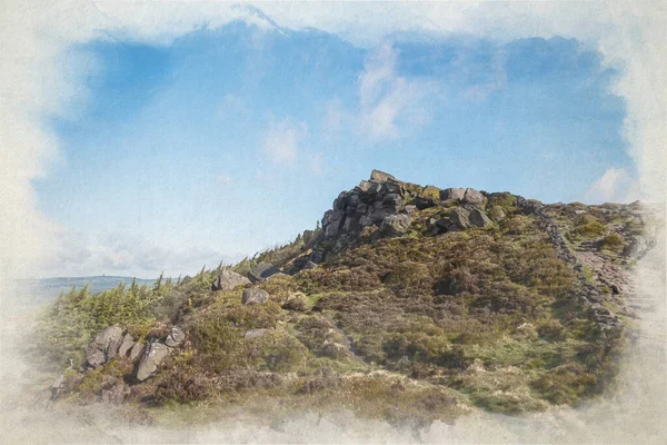 Panoráma Digitális Akvarell Festmény Kilátás Roaches Staffordshire Napkeltekor Peak District — Stock Fotó