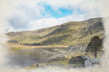 Blaenau Ffestiniog, Snowdonia, Galler, İngiltere 'deki terk edilmiş Cwmorthin kayrak madeninin dijital suluboya resmi..