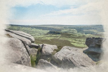 Derbyshire, İngiltere 'deki Tepe Bölgesi Ulusal Parkı' ndaki Higger Tor 'dan antik Demir Çağ tepe kalesi Carl Wark' ın dijital suluboya tablosu..