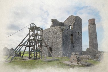 Magpie Madeni 'nin dijital suluboya tablosu İngiltere' nin Derbyshire Tepesi yakınlarındaki Sheldon köyünde terk edilmiş bir kurşun madeni..