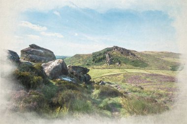 The Roaches, Staffordshire 'daki Pak District Ulusal Parkı' ndaki Hen Cloud 'dan Mor Heather' ın dijital suluboya tablosu..