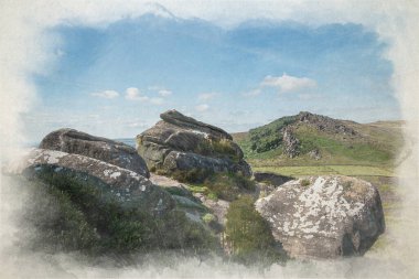 The Roaches, Staffordshire 'daki Pak District Ulusal Parkı' ndaki Hen Cloud 'dan Mor Heather' ın dijital suluboya tablosu..