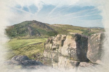 The Roaches, Staffordshire 'daki Pak District Ulusal Parkı' ndaki Hen Cloud 'dan Mor Heather' ın dijital suluboya tablosu..