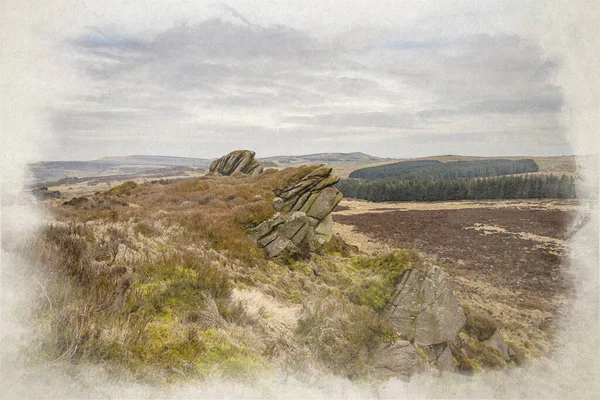 Baldstone和Gib Torr英国山顶地区国家公园的一幅数字水彩画 在冬季面向蟑螂 拉姆肖岩石和哼哼云 — 图库照片