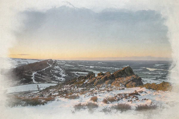 Digitális Akvarell Festmény Tyúkfelhőről Csótányok Télen Napkeltekor Peak District Nemzeti — Stock Fotó