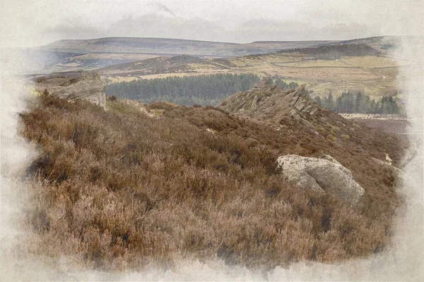 Baldstone和Gib Torr英国山顶地区国家公园的一幅数字水彩画 在冬季面向蟑螂 拉姆肖岩石和哼哼云 — 图库照片