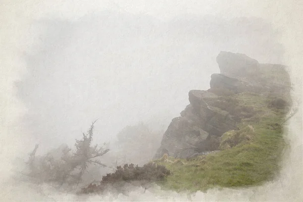 Digital Akvarellmålning Inversion Soluppgångstemperaturen Roaches Våren Staffordshire Peak District National — Stockfoto