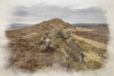 Baldstone ve Gib Torr. Birleşik Krallık 'taki Peak District Ulusal Parkı' nda kış boyunca Hamamböcekleri, Ramshaw Kayaları ve Hen Bulutu 'na bakan dijital bir suluboya tablo..