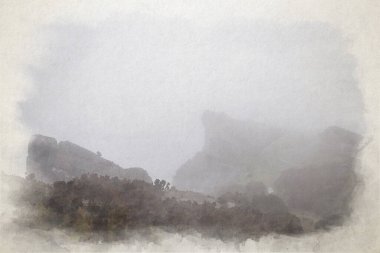 The Roaches, Staffordshire 'dan İngiltere' deki Peak District Ulusal Parkı 'nda gün doğumunda çekilmiş panoramik dijital suluboya tablo..