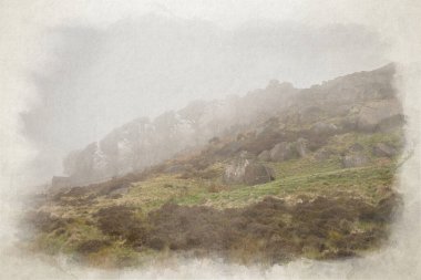 İngiltere 'nin Peak District Ulusal Parkı' ndaki Staffordshire 'da bahar aylarında The Roaches' ta gündoğumu sıcaklık değişiminin dijital suluboya resmi..