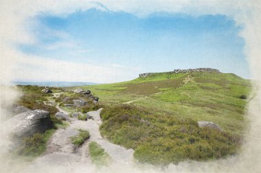 Higger Tor 'un dijital suluboya tablosu Carl Wark' tan, Dark Peak, Peak District Ulusal Parkı, Derbyshire, İngiltere.