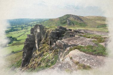 The Roaches, Staffordshire 'daki Pak District Ulusal Parkı' ndaki Hen Cloud 'dan Mor Heather' ın dijital suluboya tablosu..