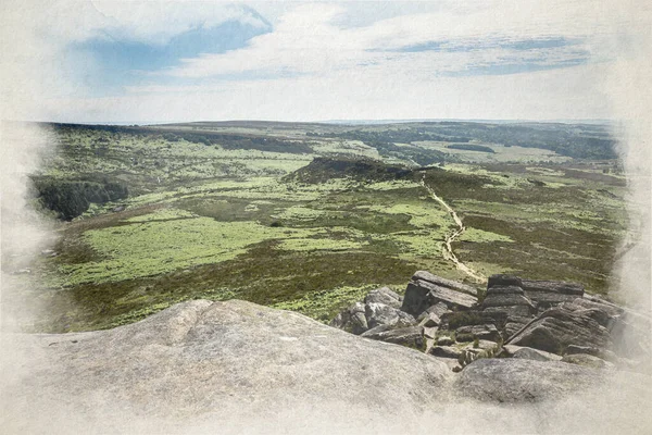英国德比郡山顶区国家公园Higger Tor拍摄的古代铁器时代山城堡Carl Wark的数字水彩画 — 图库照片