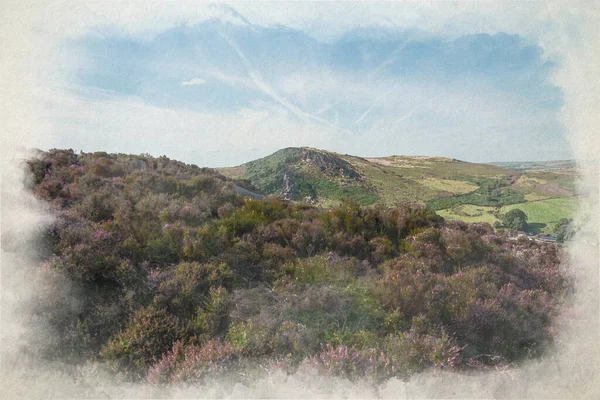 英国斯塔福德郡山顶区国家公园赫恩云中的斯塔福德郡蟑螂镇紫色石南的数字式水彩画 — 图库照片