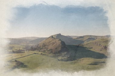 Derbyshire, Peak District Ulusal Parkı 'ndaki Hitter Hill' den Parkhouse Hill ve Chrome Hill 'de gün batımının dijital suluboya resmi..