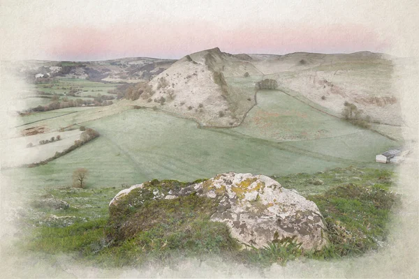英国山顶区国家公园德比郡赫特山的Parkhouse Hill和Chrome Hill日出数字水彩画 — 图库照片